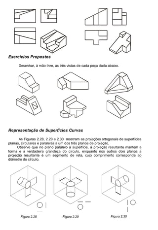 Antonio Clélio Ribeiro, Mauro Pedro Peres, Nacir Izidoro 24
Exercícios Propostos
Desenhar, à mão livre, as três vistas de cada peça dada abaixo.
Representação de Superfícies Curvas
As Figuras 2.28, 2.29 e 2.30 mostram as projeções ortogonais de superfícies
planas, circulares e paralelas a um dos três planos de projeção.
Observe que no plano paralelo à superfície, a projeção resultante mantém a
forma e a verdadeira grandeza do círculo, enquanto nos outros dois planos a
projeção resultante é um segmento de reta, cujo comprimento corresponde ao
diâmetro do círculo.
Figura 2.28 Figura 2.29 Figura 2.30
 