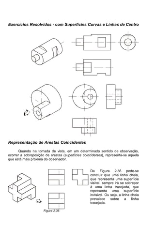 Antonio Clélio Ribeiro, Mauro Pedro Peres, Nacir Izidoro 28
Exercícios Resolvidos - com Superfícies Curvas e Linhas de Centro
Representação de Arestas Coincidentes
Quando na tomada de vista, em um determinado sentido de observação,
ocorrer a sobreposição de arestas (superfícies coincidentes), representa-se aquela
que está mais próxima do observador.
Figura 2.36
Da Figura 2.36 pode-se
concluir que uma linha cheia,
que representa uma superfície
visível, sempre irá se sobrepor
à uma linha tracejada, que
representa uma superfície
invisível. Ou seja, a linha cheia
prevalece sobre a linha
tracejada.
 