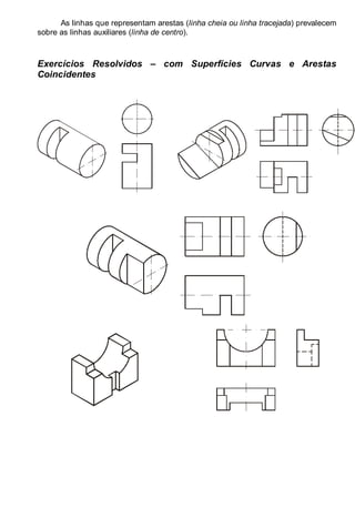 LEITURA E INTERPRETAÇÃO DE DESENHO TÉCNICO 29
As linhas que representam arestas (linha cheia ou linha tracejada) prevalecem
sobre as linhas auxiliares (linha de centro).
Exercícios Resolvidos – com Superfícies Curvas e Arestas
Coincidentes
 