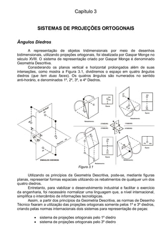 Capítulo 3
SISTEMAS DE PROJEÇÕES ORTOGONAIS
Ângulos Diedros
A representação de objetos tridimensionais por meio de desenhos
bidimensionais, utilizando projeções ortogonais, foi idealizada por Gaspar Monge no
século XVIII. O sistema de representação criado por Gaspar Monge é denominado
Geometria Descritiva.
Considerando os planos vertical e horizontal prolongados além de suas
interseções, como mostra a Figura 3.1, dividiremos o espaço em quatro ângulos
diedros (que tem duas faces). Os quatros ângulos são numerados no sentido
anti-horário, e denominados 1º, 2º, 3º, e 4º Diedros.
ÂNGULOS DIEDROS Rebatimento
PH
PH
PH
PH
PV
PV
PV
PV
Rebatimento
Rebatimento
Rebatimento
2ºDIEDRO 1ºDIEDRO
3ºDIEDRO 4ºDIEDRO
Épura
Épura
Épura
Épura
Figura 3.1
Utilizando os princípios da Geometria Descritiva, pode-se, mediante figuras
planas, representar formas espaciais utilizando os rebatimentos de qualquer um dos
quatro diedros.
Entretanto, para viabilizar o desenvolvimento industrial e facilitar o exercício
da engenharia, foi necessário normalizar uma linguagem que, a nível internacional,
simplifica o intercâmbio de informações tecnológicas.
Assim, a partir dos princípios da Geometria Descritiva, as normas de Desenho
Técnico fixaram a utilização das projeções ortogonais somente pelos 1º e 3º diedros,
criando pelas normas internacionais dois sistemas para representação de peças:
• sistema de projeções ortogonais pelo 1º diedro
• sistema de projeções ortogonais pelo 3º diedro
 