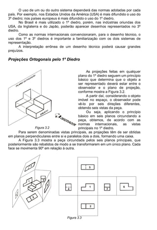 Antonio Clélio Ribeiro, Mauro Pedro Peres, Nacir Izidoro 32
O uso de um ou do outro sistema dependerá das normas adotadas por cada
país. Por exemplo, nos Estados Unidos da América (USA) é mais difundido o uso do
3º diedro; nos países europeus é mais difundido o uso do 1º diedro.
No Brasil é mais utilizado o 1º diedro, porém, nas indústrias oriundas dos
USA, da Inglaterra e do Japão, poderão aparecer desenhos representados no 3º
diedro.
Como as normas internacionais convencionaram, para o desenho técnico, o
uso dos 1º e 3º diedros é importante a familiarização com os dois sistemas de
representação.
A interpretação errônea de um desenho técnico poderá causar grandes
prejuízos.
Projeções Ortogonais pelo 1º Diedro
Figura 3.2
As projeções feitas em qualquer
plano do 1º diedro seguem um princípio
básico que determina que o objeto a
ser representado deverá estar entre o
observador e o plano de projeção,
conforme mostra a Figura 3.2.
A partir daí, considerando o objeto
imóvel no espaço, o observador pode
vê-lo por seis direções diferentes,
obtendo seis vistas da peça.
Ou seja, aplicando o princípio
básico em seis planos circundando a
peça, obtemos, de acordo com as
normas internacionais, as vistas
principais no 1º diedro.
Para serem denominadas vistas principais, as projeções têm de ser obtidas
em planos perpendiculares entre si e paralelos dois a dois, formando uma caixa.
A Figura 3.3 mostra a peça circundada pelos seis planos principais, que
posteriormente são rebatidos de modo a se transformarem em um único plano. Cada
face se movimenta 90º em relação à outra.
5
4
1
3
6
2
3
Figura 3.3
 