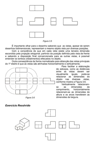 Antonio Clélio Ribeiro, Mauro Pedro Peres, Nacir Izidoro 34
Figura 3.5
É importante olhar para o desenho sabendo que as vistas, apesar de serem
desenhos bidimensionais, representam o mesmo objeto visto por diversas posições.
Com a consciência de que em cada vista existe uma terceira dimensão
escondida pela projeção ortogonal; partindo da posição definida pela vista de frente
e sabendo a disposição final convencionada para as outras vistas, é possível
entender os tombos (rebatimentos) efetuados no objeto.
Outra conseqüência da forma normalizada para obtenção das vistas principais
do 1º diedro é que as vistas são alinhadas horizontalmente e verticalmente.
Figura 3.6
Para facilitar a elaboração
de esboços, como as distâncias
entre as vistas devem ser
visualmente iguais, pode-se
relacionar as dimensões do
objeto nas diversas vistas,
conforme mostra a Figura 3.6.
Verticalmente relacionam-
se as dimensões de
comprimento, horizontalmente
relacionam-se as dimensões de
altura e os arcos transferem as
dimensões de largura.
Exercício Resolvido
 