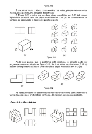 LEITURA E INTERPRETAÇÃO DE DESENHO TÉCNICO 37
Figura 3.10
É preciso ter muito cuidado com a escolha das vistas, porque o uso de vistas
inadequadas pode levar a soluções desastrosas.
A Figura 3.11 mostra que as duas vistas escolhidas em 3.11 (a) podem
representar qualquer uma das peças mostradas em 3.11 (b) se considerarmos os
sentidos de observação indicados no paralelepípedo.
.
(a) (b)
Figura 3.11
Ainda que pareça que o problema está resolvido, a solução pode ser
enganosa como é mostrado na Figura 3.12. As duas vistas escolhidas em 3.12 (a)
podem corresponder a qualquer uma das quatro peças mostradas em 3.12 (b).
(a)
(b)
Figura 3.12
As vistas precisam ser escolhidas de modo que o desenho defina fielmente a
forma da peça e que, em hipótese nenhuma, dê margem a dupla interpretação.
Exercícios Resolvidos
 