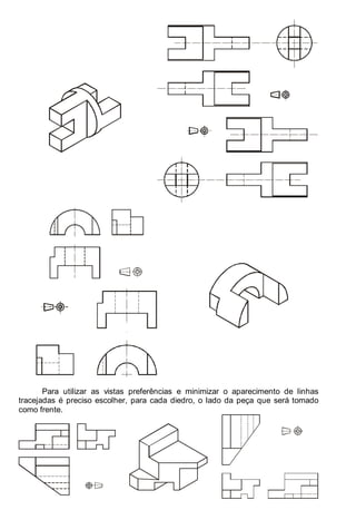 Antonio Clélio Ribeiro, Mauro Pedro Peres, Nacir Izidoro 46
Para utilizar as vistas preferências e minimizar o aparecimento de linhas
tracejadas é preciso escolher, para cada diedro, o lado da peça que será tomado
como frente.
 