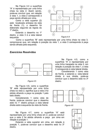 LEITURA E INTERPRETAÇÃO DE DESENHO TÉCNICO 49
Na Figura 4.4 a superfície
“A” é representada por uma linha
cheia na vista 2. Assim sendo,
pode-se concluir que, em relação
à vista 1, a vista 2 corresponde à
peça sendo olhada por cima.
Como a vista superior (2)
está localizada embaixo da vista
de frente (1), o desenho foi
elaborado segundo as regras do
1º diedro.
Estando o desenho no 1º
diedro, a vista 3 é a vista lateral
esquerda.
1
2
A
B
B
3
A
Figura 4.4
Como a superfície “B” está representada por uma linha cheia na vista 3,
comprova-se que, em relação à posição da vista 1, a vista 3 corresponde à peça
sendo olhada pela esquerda.
Exercícios Resolvidos
1
2
A
Figura 4.5
Na Figura 4.5, como a
superfície “A” é representada por
uma linha tracejada na vista 2, em
relação à posição da vista 1, a vista
2 corresponde à vista lateral direita.
Considerando 1 como vista
de frente, e estando a vista lateral
direita à sua direita, pode-se
concluir que o desenho está no 3º
diedro.
Na Figura 4.6, como a superfície
“B” está representada por uma linha
cheia na vista 2, significa que a vista 2 foi
obtida olhando a peça na posição 1 pelo
lado direito.
Considerando 1 como vista de
frente, pode-se concluir que o desenho
está no 1° diedro porque a vista lateral
direita está à esquerda da vista de frente.
1
2
B
Figura 4.6
Na Figura 4.7, como a superfície “A” está
representada por uma linha cheia em 2, pode-se concluir
que a vista 2 foi obtida olhando a peça por cima em
relação à posição 1.
Estando a vista superior em cima, em relação à
posição 1, pode-se concluir que o desenho está no 3º
diedro.
1
2
A
Figura 4.7
 