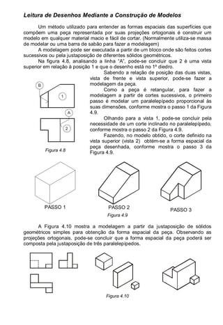 LEITURA E INTERPRETAÇÃO DE DESENHO TÉCNICO 51
Leitura de Desenhos Mediante a Construção de Modelos
Um método utilizado para entender as formas espaciais das superfícies que
compõem uma peça representada por suas projeções ortogonais é construir um
modelo em qualquer material macio e fácil de cortar. (Normalmente utiliza-se massa
de modelar ou uma barra de sabão para fazer a modelagem)
A modelagem pode ser executada a partir de um bloco onde são feitos cortes
sucessivos ou pela justaposição de diferentes sólidos geométricos.
Na figura 4.8, analisando a linha “A”, pode-se concluir que 2 é uma vista
superior em relação à posição 1 e que o desenho está no 1º diedro.
1
2
A
B
Figura 4.8
Sabendo a relação de posição das duas vistas,
vista de frente e vista superior, pode-se fazer a
modelagem da peça.
Como a peça é retangular, para fazer a
modelagem a partir de cortes sucessivos, o primeiro
passo é modelar um paralelepípedo proporcional às
suas dimensões, conforme mostra o passo 1 da Figura
4.9.
Olhando para a vista 1, pode-se concluir pela
necessidade de um corte inclinado no paralelepípedo,
conforme mostra o passo 2 da Figura 4.9.
Fazendo, no modelo obtido, o corte definido na
vista superior (vista 2) obtém-se a forma espacial da
peça desenhada, conforme mostra o passo 3 da
Figura 4.9.
PASSO 1 PASSO 2
PASSO 3
Figura 4.9
A Figura 4.10 mostra a modelagem a partir da justaposição de sólidos
geométricos simples para obtenção da forma espacial da peça. Observando as
projeções ortogonais, pode-se concluir que a forma espacial da peça poderá ser
composta pela justaposição de três paralelepípedos.
Figura 4.10
 