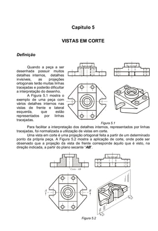 Capítulo 5
VISTAS EM CORTE
Definição
Quando a peça a ser
desenhada possuir muitos
detalhes internos, detalhes
invisíveis, as projeções
ortogonais terão muitas linhas
tracejadas e poderão dificultar
a interpretação do desenho.
A Figura 5.1 mostra o
exemplo de uma peça com
vários detalhes internos nas
vistas de frente e lateral
esquerda, que estão
representados por linhas
tracejadas.
Figura 5.1
Para facilitar a interpretação dos detalhes internos, representados por linhas
tracejadas, foi normalizada a utilização de vistas em corte.
Uma vista em corte é uma projeção ortogonal feita a partir de um determinado
ponto da própria peça. A Figura 5.2 mostra a aplicação de corte, onde pode ser
observado que a projeção da vista de frente corresponde àquilo que é visto, na
direção indicada, a partir do plano secante “AB”.
Corte - AB
A B
Figura 5.2
 