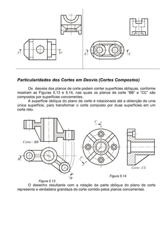 LEITURA E INTERPRETAÇÃO DE DESENHO TÉCNICO 69
F F E E
Particularidades dos Cortes em Desvio (Cortes Compostos)
Os desvios dos planos de corte podem conter superfícies oblíquas, conforme
mostram as Figuras 5.13 e 5.14, nas quais os planos de corte “BB” e “CC” são
compostos por superfícies concorrentes.
A superfície oblíqua do plano de corte é rotacionada até a obtenção de uma
única superfície, para transformar o corte composto por duas superfícies em um
corte reto.
B
B
Corte - BB
Figura 5.13
C
C
Corte - CC
Figura 5.14
O desenho resultante com a rotação da parte oblíqua do plano de corte
representa a verdadeira grandeza do corte contido pelos planos concorrentes.
 