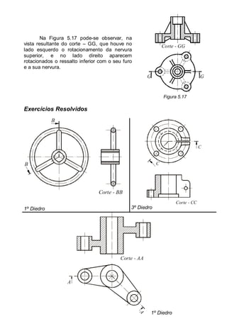 LEITURA E INTERPRETAÇÃO DE DESENHO TÉCNICO 71
Na Figura 5.17 pode-se observar, na
vista resultante do corte – GG, que houve no
lado esquerdo o rotacionamento da nervura
superior, e no lado direito aparecem
rotacionados o ressalto inferior com o seu furo
e a sua nervura.
G G
Corte - GG
Figura 5.17
Exercícios Resolvidos
B
B
Corte - BB
1º Diedro
C
C
Corte - CC
3º Diedro
A
A
Corte - AA
1º Diedro
 