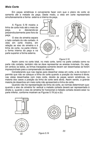 Antonio Clélio Ribeiro, Mauro Pedro Perez, Nacir Izidoro 72
72
Meio Corte
Em peças simétricas é conveniente fazer com que o plano de corte vá
somente até a metade da peça. Deste modo, a vista em corte representará
simultaneamente a forma externa e interna da peça.
A Figura 5.18 mostra a
linha de corte indo até o meio da
peça, e desviando-se
perpendicularmente para fora da
peça.
O eixo de simetria separa
o lado cortado do não cortado. A
vista em corte mostra, em
relação ao eixo de simetria e à
linha de corte, na parte inferior,
a forma interna da peça e na
parte superior a forma externa.
A
Corte - AA
A
Figura 5.18
Assim como no corte total, no meio corte, tanto na parte cortada como na
parte não cortada, também não se deve representar as arestas invisíveis. Ou seja,
em ambos os lados, as linhas tracejadas somente devem ser desenhadas se forem
imprescindíveis para a compreensão do desenho.
Considerando que nas regras para desenhar vistas em corte, a de número 4
permite que não se coloque a linha de corte quando a posição da mesma é óbvia;
nas vistas desenhadas com meio corte, devido às peças serem simétricas, na
maioria dos casos a posição da linha de corte será obvia. Assim sendo, a grande
maioria de desenhos em meio corte não apresentará a linha de corte.
Quando não há representação da linha de corte, as normas determinam que:
quando o eixo de simetria for vertical a metade cortada deverá ser representada à
direita e, quando o eixo de simetria for horizontal à metade cortada deverá estar na
parte inferior, conforme mostram as Figuras 5.19 (a) e (b).
(a)
(b)
Figura 5.19
 
