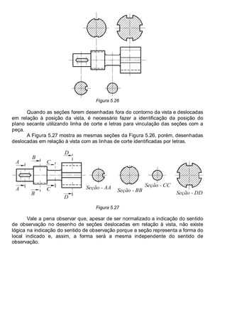 Antonio Clélio Ribeiro, Mauro Pedro Perez, Nacir Izidoro 76
76
Figura 5.26
Quando as seções forem desenhadas fora do contorno da vista e deslocadas
em relação à posição da vista, é necessário fazer a identificação da posição do
plano secante utilizando linha de corte e letras para vinculação das seções com a
peça.
A Figura 5.27 mostra as mesmas seções da Figura 5.26, porém, desenhadas
deslocadas em relação à vista com as linhas de corte identificadas por letras.
A
A
B
C
D
D
C
B
Seção - AA
Seção - BB
Seção - CC
Seção - DD
Figura 5.27
Vale a pena observar que, apesar de ser normalizado a indicação do sentido
de observação no desenho de seções deslocadas em relação à vista, não existe
lógica na indicação do sentido de observação porque a seção representa a forma do
local indicado e, assim, a forma será a mesma independente do sentido de
observação.
 