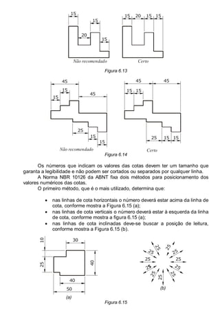 LEITURA E INTERPRETAÇÃO DE DESENHO TÉCNICO 83
15
20
15
15
15 20 15 15
Não recomendado Certo
Figura 6.13
15
15
45
25
15
15
45
15
15
25
15
15
45 45
Não recomendado Certo
Figura 6.14
Os números que indicam os valores das cotas devem ter um tamanho que
garanta a legibilidade e não podem ser cortados ou separados por qualquer linha.
A Norma NBR 10126 da ABNT fixa dois métodos para posicionamento dos
valores numéricos das cotas.
O primeiro método, que é o mais utilizado, determina que:
• nas linhas de cota horizontais o número deverá estar acima da linha de
cota, conforme mostra a Figura 6.15 (a);
• nas linhas de cota verticais o número deverá estar à esquerda da linha
de cota, conforme mostra a figura 6.15 (a);
• nas linhas de cota inclinadas deve-se buscar a posição de leitura,
conforme mostra a Figura 6.15 (b).
40
40
50
30
25
10
(a)
25
25
25
25
2
5
2
2
5
25
2
5
25
2
5
(b)
Figura 6.15
 