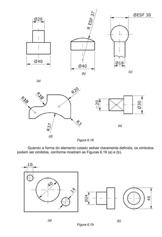 LEITURA E INTERPRETAÇÃO DE DESENHO TÉCNICO 85
Ø40
Ø20
(a)
R
E
S
F
3
7
Ø40
(b)
Ø18
ØESF 30
(c)
R20
R
3
7
R
R
R3
(d)
Ø30
20
(e)
Figura 6.18
Quando a forma do elemento cotado estiver claramente definida, os símbolos
podem ser omitidos, conforme mostram as Figuras 6.19 (a) e (b).
40
10
1
4
(a)
Ø24
40
(b)
Figura 6.19
 