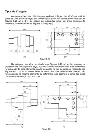 Antonio Clélio Ribeiro, Mauro Pedro Peres, Nacir Izidoro 86
86
Tipos de Cotagem
As cotas podem ser colocadas em cadeia ( cotagem em série), na qual as
cotas de uma mesma direção são referenciadas umas nas outras, como mostram as
Figuras 6.20 (a) e (b), ou podem ser colocadas tendo um único elemento de
referência, como mostram as Figuras 6.21 (a) e (b).
20 12 20 15 15 26
123
15
(a)
15 17 34 21 13
10
18
17
15
40
30
30
30
20
10
100
60
(b)
Figura 6.20
Na cotagem em série, mostrada nas Figuras 6.20 (a) e (b), durante os
processos de fabricação da peça, ocorrerá a soma sucessiva dos erros cometidos
na execução de cada elemento cotado, enquanto no tipo de cotagem mostrado nas
Figuras 6.21 (a) e (b) como todas as cotas, de uma determinada direção, são
referenciadas ao mesmo elemento de referência, não ocorrerá a soma dos erros
cometidos na execução de cada cota.
15
30
56
20
32
47
67
123
(a)
13
34
68
85
40
70
100
10
28
45
30
50
60
(b)
Figura 6.21
 