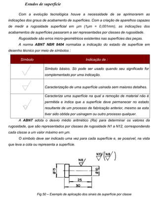 Colégio Evangélico Panambi Desenho Técnico Mecânico
Elaboração : Agnaldo Jardel Trennepohl Página 62
Estados de superfície
Com a evolução tecnológica houve a necessidade de se aprimorarem as
indicações dos graus de acabamento de superfícies. Com a criação de aparelhos capazes
de medir a rugosidade superficial em µm (1µm = 0,001mm), as indicações dos
acabamentos de superfícies passaram a ser representadas por classes de rugosidade.
Rugosidade são erros micro-geométricos existentes nas superfícies das peças.
A norma ABNT NBR 8404 normaliza a indicação do estado de superfície em
desenho técnico por meio de símbolos :
Símbolo Indicação de :
Símbolo básico. Só pode ser usado quando seu significado for
complementado por uma indicação.
Caracterização de uma superfície usinada sem maiores detalhes.
Caracteriza uma superfície na qual a remoção de material não é
permitida e indica que a superfície deve permanecer no estado
resultante de um processo de fabricação anterior, mesmo se esta
tiver sido obtida por usinagem ou outro processo qualquer.
A ABNT adota o desvio médio aritmético (Ra) para determinar os valores da
rugosidade, que são representados por classes de rugosidade N1 a N12, correspondendo
cada classe a um valor máximo em µm.
O símbolo deve ser indicado uma vez para cada superfície e, se possível, na vista
que leva a cota ou representa a superfície.
Fig.50 – Exemplo de aplicação dos sinais de superfície por classe
 