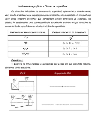 Colégio Evangélico Panambi Desenho Técnico Mecânico
Elaboração : Agnaldo Jardel Trennepohl Página 67
Acabamento superficial x Classes de rugosidade
Os símbolos indicativos de acabamento superficial, apresentados anteriormente,
vêm sendo gradativamente substituídos pelas indicações de rugosidade. É possível que
você ainda encontre desenhos que apresentem aquela simbologia já superada. Na
prática, foi estabelecida uma correspondência aproximada entre os antigos símbolos de
acabamento de superfícies e os atuais símbolos de rugosidade :
Exercícos :
1) Escreva na linha indicada a rugosidade das peças em sua grandeza máxima,
conforme tabela estudada :
Perfil Rugosidade (Ra)
.................... , ....................
..................... , .................... , .......................
 