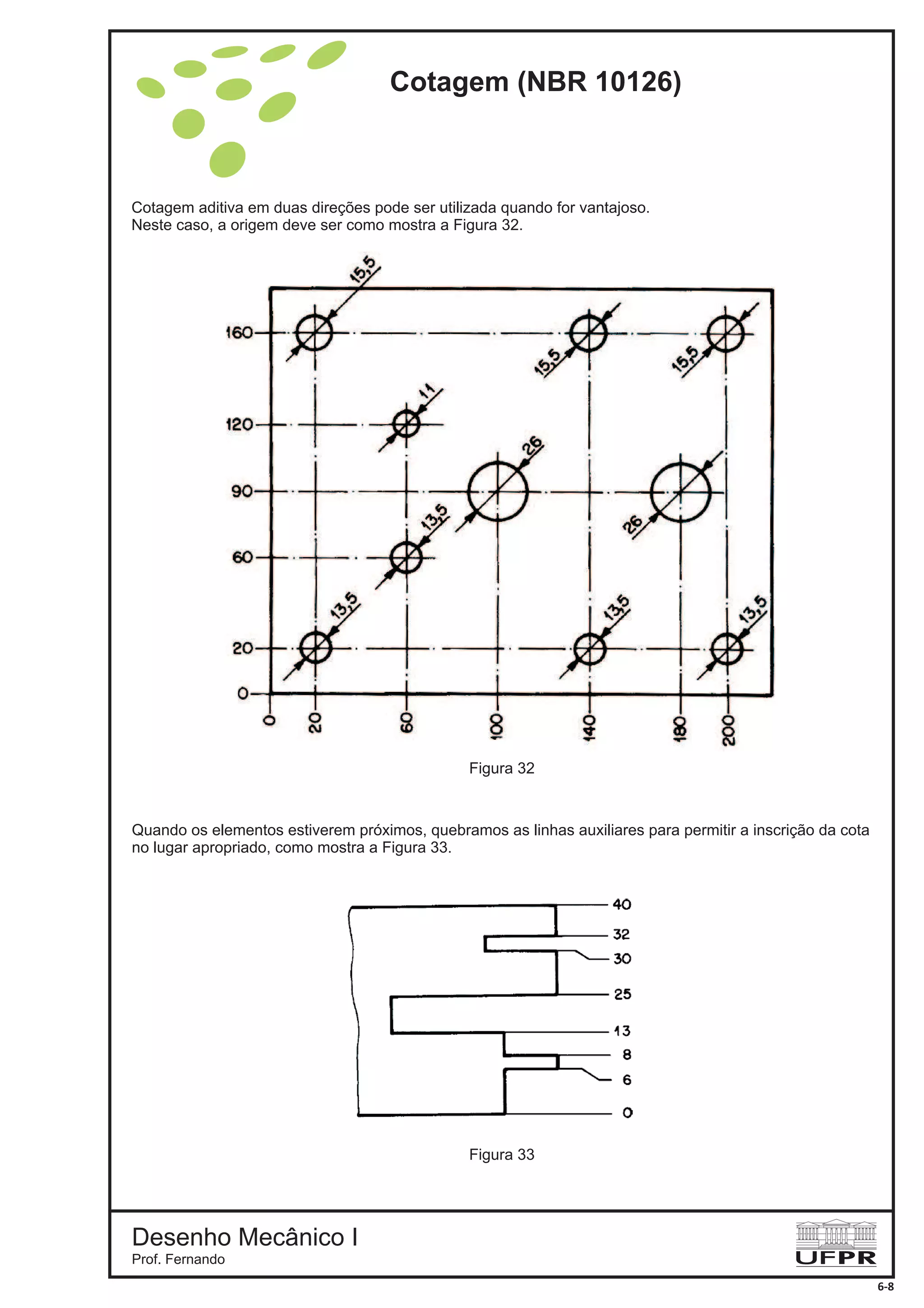 Quando os elementos estiverem próximos, quebramos as linhas auxiliares para permitir a inscrição da cota
no lugar apropriado, como mostra a Figura 33.
Figura 32
Figura 33
Cotagem aditiva em duas direções pode ser utilizada quando for vantajoso.
Neste caso, a origem deve ser como mostra a Figura 32.
Cotagem (NBR 10126)
Desenho Mecânico I
Prof. Fernando
6-8
 