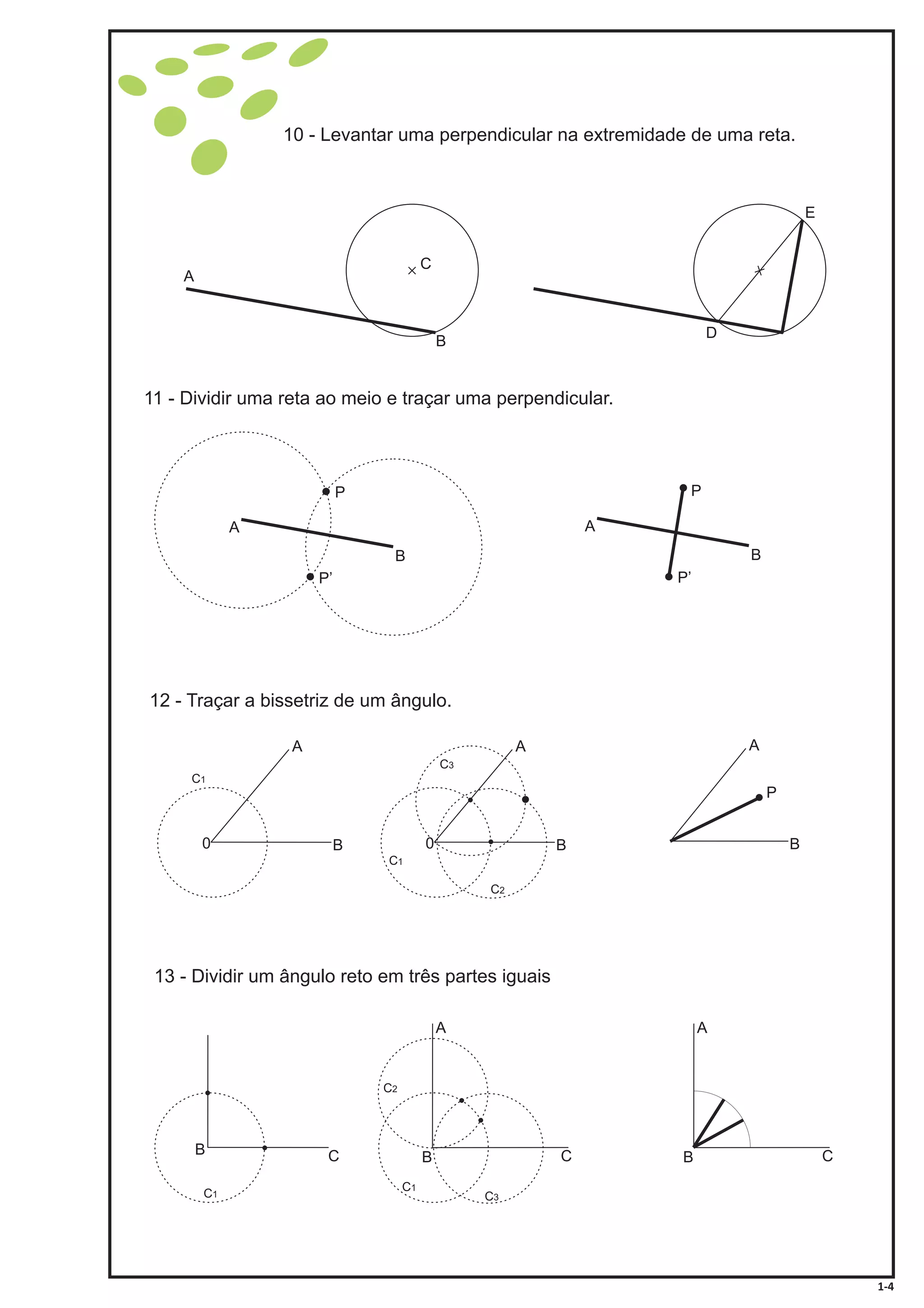 10 - Levantar uma perpendicular na extremidade de uma reta.
11 - Dividir uma reta ao meio e traçar uma perpendicular.
12 - Traçar a bissetriz de um ângulo.
A
B
C
E
D
A
A
A
B
B
B
P
0
P
P’ P’
C1
C1
A A
P
B B0
C2
C3
13 - Dividir um ângulo reto em três partes iguais
CB
C1
A
CB
C1
C3
C2
A
CB
1-4
 