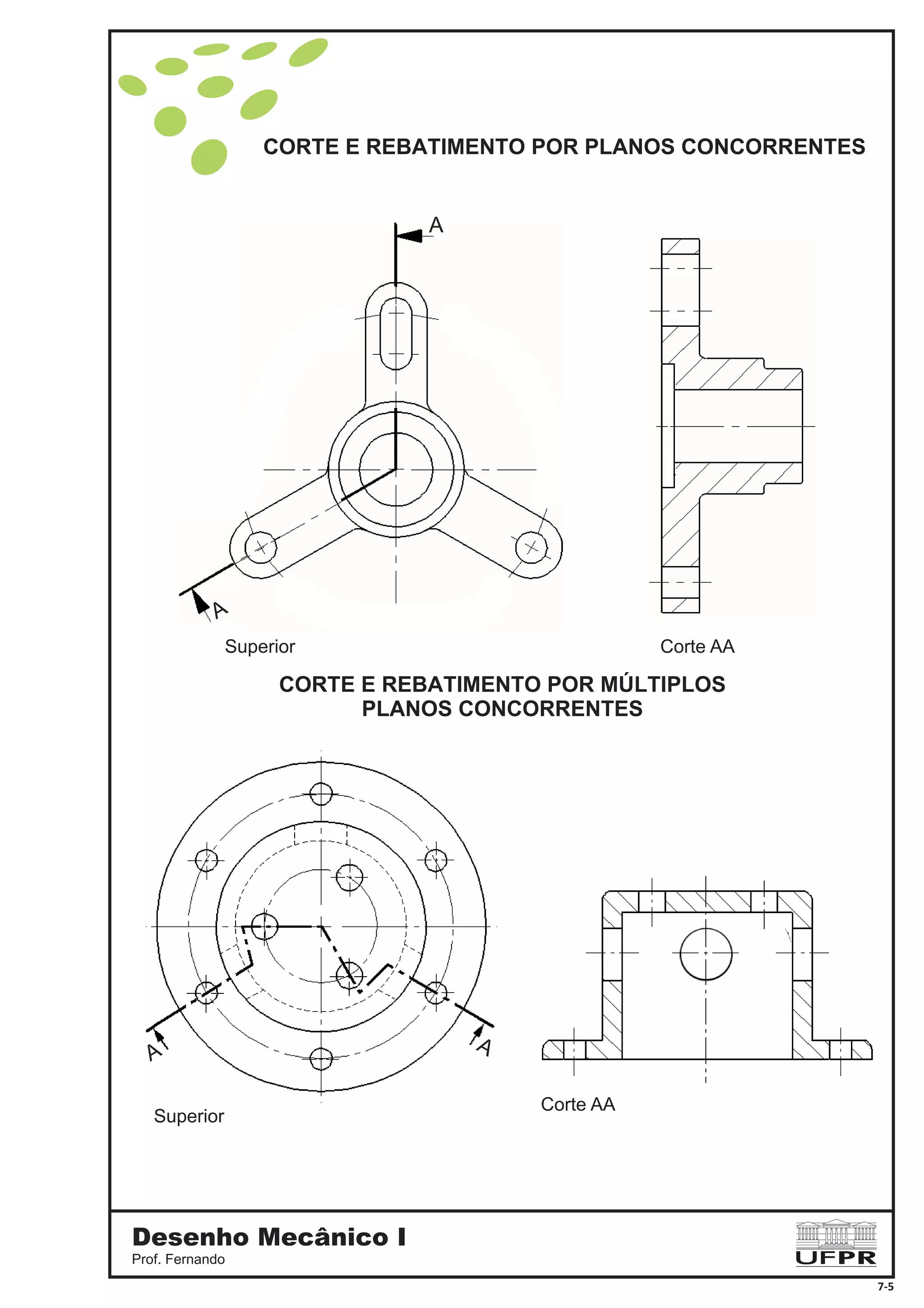 CORTE E REBATIMENTO POR PLANOS CONCORRENTES
CORTE E REBATIMENTO POR MÚLTIPLOS
PLANOS CONCORRENTES
Corte AA
Corte AA
Superior
Superior
A
A
A
A
Desenho Mecânico I
Prof. Fernando
7-5
 