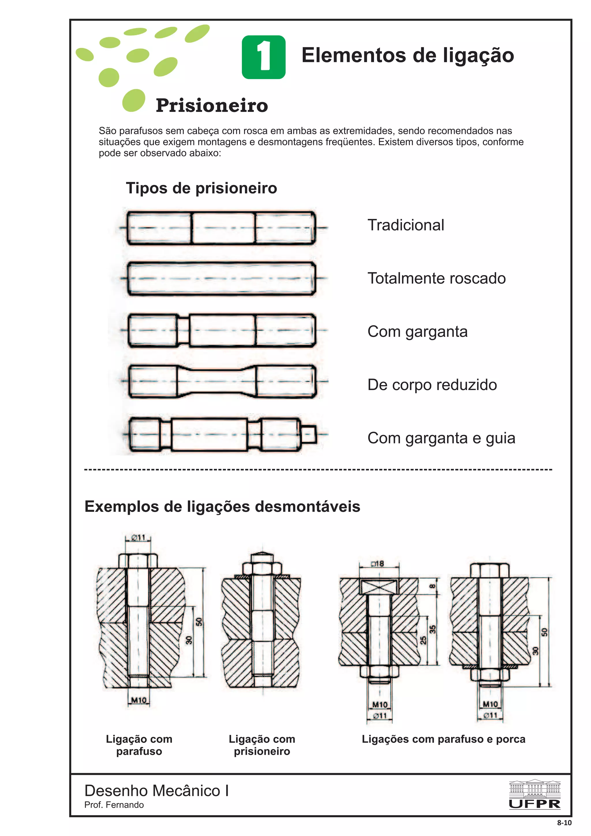 Desenho Mecânico I
Prof. Fernando
8-10
Prisioneiro
Tipos de prisioneiro
Exemplos de ligações desmontáveis
Tradicional
Totalmente roscado
Com garganta
De corpo reduzido
Com garganta e guia
Ligação com
parafuso
Ligação com
prisioneiro
Ligações com parafuso e porca
São parafusos sem cabeça com rosca em ambas as extremidades, sendo recomendados nas
situações que exigem montagens e desmontagens freqüentes. Existem diversos tipos, conforme
pode ser observado abaixo:
Elementos de ligação1
 