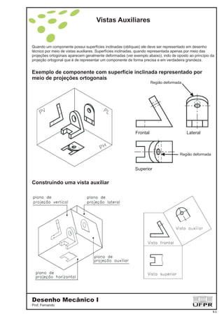 Vistas Auxiliares
Quando um componente possui superfícies inclinadas (oblíquas) ele deve ser representado em desenho
técnico por meio de vistas auxiliares. Superfícies inclinadas, quando representada apenas por meio das
projeções ortogonais aparecem geralmente deformadas (ver exemplo abaixo), indo de oposto ao princípio da
projeção ortogonal que é de representar um componente de forma precisa e em verdadeira grandeza.
Desenho Mecânico I
Prof. Fernando
Exemplo de componente com superfície inclinada representado por
meio de projeções ortogonais
Construindo uma vista auxiliar
Superior
Frontal Lateral
Região deformada
Região deformada
5-1
 