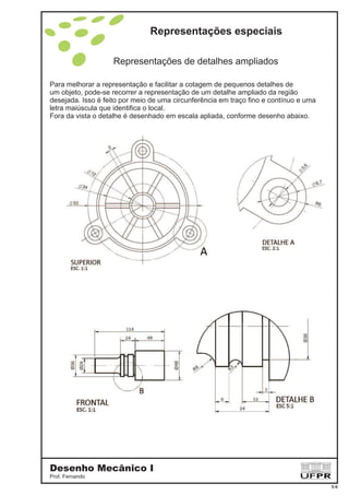 Representações especiais
Desenho Mecânico I
Prof. Fernando
5-6
Representações de detalhes ampliados
Para melhorar a representação e facilitar a cotagem de pequenos detalhes de
um objeto, pode-se recorrer a representação de um detalhe ampliado da região
desejada. Isso é feito por meio de uma circunferência em traço fino e contínuo e uma
letra maiúscula que identifica o local.
Fora da vista o detalhe é desenhado em escala apliada, conforme desenho abaixo.
 