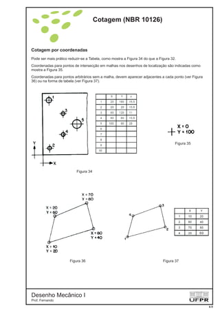 Figura 34
Figura 36 Figura 37
Figura 35
Cotagem por coordenadas
Pode ser mais prático reduzir-se a Tabela, como mostra a Figura 34 do que a Figura 32.
Coordenadas para pontos de intersecção em malhas nos desenhos de localização são indicadas como
mostra a Figura 35.
Coordenadas para pontos arbitrários sem a malha, devem aparecer adjacentes a cada ponto (ver Figura
36) ou na forma de tabela (ver Figura 37).
Cotagem (NBR 10126)
Desenho Mecânico I
Prof. Fernando
6-9
 