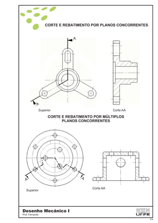CORTE E REBATIMENTO POR PLANOS CONCORRENTES
CORTE E REBATIMENTO POR MÚLTIPLOS
PLANOS CONCORRENTES
Corte AA
Corte AA
Superior
Superior
A
A
A
A
Desenho Mecânico I
Prof. Fernando
7-5
 