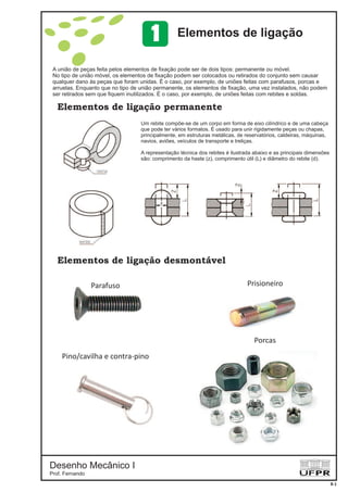 Desenho Mecânico I
Prof. Fernando
Elementos de ligação
Elementos de ligação permanente
Prisioneiro
Porcas
Pino/cavilha e contra-pino
Parafuso
Um rebite compõe-se de um corpo em forma de eixo cilíndrico e de uma cabeça
que pode ter vários formatos. É usado para unir rigidamente peças ou chapas,
principalmente, em estruturas metálicas, de reservatórios, caldeiras, máquinas,
navios, aviões, veículos de transporte e treliças.
A representação técnica dos rebites é ilustrada abaixo e as principais dimensões
são: comprimento da haste (z), comprimento útil (L) e diâmetro do rebite (d).
8-1
Elementos de ligação desmontável
A união de peças feita pelos elementos de fixação pode ser de dois tipos: permanente ou móvel.
No tipo de união móvel, os elementos de fixação podem ser colocados ou retirados do conjunto sem causar
qualquer dano às peças que foram unidas. É o caso, por exemplo, de uniões feitas com parafusos, porcas e
arruelas. Enquanto que no tipo de união permanente, os elementos de fixação, uma vez instalados, não podem
ser retirados sem que fiquem inutilizados. É o caso, por exemplo, de uniões feitas com rebites e soldas.
1
 