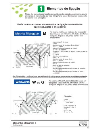 Desenho Mecânico I
Prof. Fernando
Métrica Triangular M
Whitworth W Gou
8-2
Muitos dos elementos de ligação desmontáveis são roscados, assim como alguns
elementos de transmissão, por isso, é importante saber identificar os vários perfis
de rosca e suas aplicações.
Perfis de rosca comum em elementos de ligação desmontáveis
(parafuso, porca e prisioneiro)
ângulo do perfil da rosca:
a = 60º .
diâmetro menor do parafuso (Ø do núcleo):
d = d - 1,2268P.
diâmetro efetivo do parafuso (Ø médio):
d = D2 = d - 0,6495P.
folga entre a raiz do filete da porca e a crista do filete do
parafuso:
f = 0,045P.
diâmetro maior da porca:
D = d + 2f .
diâmetro menor da porca (furo):
D = d - 1,0825P.
diâmetro efetivo da porca (Ø médio):
D = d2.
altura do filete do parafuso:
h = 0,61343P .
raio de arredondamento da raiz do filete do parafuso:
r = 0,14434P.
raio de arredondamento da raiz do filete da porca:
r = 0,063P.
1
2
1
2
e
re
ri
Fórmulas:
a = 55º
P = ____ _____
nºde filetes
h = h = 0,6403 · P
r = rr = 0,1373 · P
d = D
d = d - 2h
D = d = d - h
1
i
ri
1 e
2 2 e
e
e
No sistema métrico, as medidas das roscas são
determinadas em milímetros. Os filetes têm forma
triangular, ângulo de 60º, crista plana e raiz
arredondada.
No sistema whitworth, as medidas são dadas em
polegadas. Nesse sistema, o filete tem a forma
triangular, ângulo de 55º, crista e raiz arredondadas.
Obs. Existe também o perfil americano, que se diferencia do métrico apenas por apresentar as medidas em polegadas.
Elementos de ligação1
 