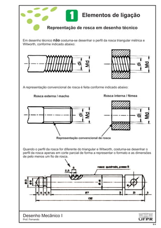 Desenho Mecânico I
Prof. Fernando
8-4
Em desenho técnico costuma-se desenhar o perfil da rosca triangular métrica e
Witworth, conforme indicado abaixo:
não
Repreentação de rosca em desenho técnico
A representação convencional de rosca é feita conforme indicado abaixo:
Representação convencional de rosca
Rosca externa / macho Rosca interna / fêmea
Quando o perfil da rosca for diferente do triangular e Witworth, costuma-se desenhar o
perfil da rosca apenas em corte parcial de forma a representar o formato e as dimensões
de pelo menos um fio de rosca.
Elementos de ligação1
 