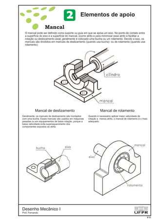 Desenho Mecânico I
Prof. Fernando
Mancal
Mancal de deslizamento Mancal de rolamento
O mancal pode ser definido como suporte ou guia em que se apóia um eixo. No ponto de contato entre
a superfície do eixo e a superfície do mancal, ocorre atrito e para minimizar esse atrito e facilitar a
rotação ou deslocamento axial, geralmente é colocado uma bucha ou um rolamento. Devido a isso, os
mancais são divididos em mancais de deslizamento (quando usa bucha) ou de rolamento (quando usa
rolamento).
Geralmente, os mancais de deslizamento são montados
com uma bucha. Esses mancais são usados em máquinas
pesadas ou em equipamentos de baixa rotação, porque a
baixa velocidade evita superaquecimento dos
componentes expostos ao atrito.
Quando é necessário aplicar maior velocidade de
rotação e menos atrito, o mancal de rolamento é o mais
adequado.
8-15
Elementos de apoio2
 