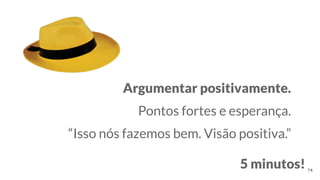 Argumentar positivamente.
Pontos fortes e esperança.
“Isso nós fazemos bem. Visão positiva.”
74
5 minutos!
 