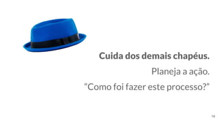Cuida dos demais chapéus.
Planeja a ação.
“Como foi fazer este processo?”
78
 