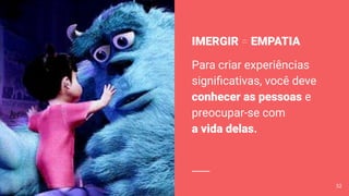 IMERGIR = EMPATIA
Para criar experiências
signiﬁcativas, você deve
conhecer as pessoas e
preocupar-se com
a vida delas.
>>Imersão
52
 
