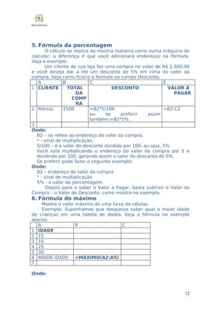 5. Fórmula da porcentagem
O cálculo se realiza da mesma maneira como numa máquina de
calcular, a diferença é que você adicionará endereços na fórmula.
Veja o exemplo:
Um cliente de sua loja fez uma compra no valor de R$ 1.500,00
e você deseja dar a ele um desconto de 5% em cima do valor da
compra. Veja como ficaria a fórmula no campo Desconto.
A
B
C
E
1 CLIENTE
TOTAL
DESCONTO
VALOR A
DA
PAGAR
COMP
RA
2 Márcio
1500
=B2*5/100
=B2-C2
ou
se
preferir
assim
também:=B2*5%
3
Onde:
B2 – se refere ao endereço do valor da compra.
* - sinal de multiplicação.
5/100 – é o valor do desconto dividido por 100, ou seja, 5%.
Você está multiplicando o endereço do valor da compra por 5 e
dividindo por 100, gerando assim o valor do desconto de 5%.
Se preferir pode fazer o seguinte exemplo:
Onde:
B2 – endereço do valor da compra
* - sinal de multiplicação
5% - o valor da porcentagem.
Depois para o saber o Valor a Pagar, basta subtrair o Valor da
Compra – o Valor do Desconto, como mostra no exemplo.

6. Fórmula do máximo

Mostra o valor máximo de uma faixa de células.
Exemplo: Suponhamos que desejasse saber qual a maior idade
de crianças em uma tabela de dados. Veja a fórmula no exemplo
abaixo:
A
B
C
1 IDADE
2 15
3 16
4 25
5 30
6 MAIOR IDADE: =MÁXIMO(A2:A5)
7
Onde:

12

 