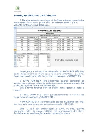 PLANEJAMENTO DE UMA VIAGEM
O Planejamento de uma viagem irá efetuar cálculos que estarão
relacionados aos gastos, porém será um controle pessoal que o
viajante controlará suas despesas...

Começamos a encontrar os resultados do TOTAL POR MÊS que
serão obtidos quando somarmos os valores da alimentação, gasolina,
hotel e outros de cada mês. Faça como no exemplo: =SOMA(B5:E5).
O TOTAL POR ITEM será encontrado quando somarmos os
valores que estão na coluna de cada item, contendo os meses de JAN
a JUN, da seguinte forma: =SOMA(B5:B10).
Dessa forma faremos com os outros itens (gasolina, hotel e
outros).
O TOTAL GERAL será obtido quando somarmos os valores dos
itens como no exemplo: =SOMA(F5:F10).
A PORCENTAGEM será encontrada quando dividirmos um total
por item pelo total geral, faça como no exemplo: =B14/B19.
OBS.: O total das porcentagens é 100%, ou seja, quando
somarmos todos os valores obtidos nas porcentagens dos itens.
Também será a confirmação de estar realmente correto.

18

 