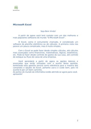 Microsoft Excel
Seja Bem Vindo!
A partir de agora você terá contato com um dos melhores e
mais populares softwares do mundo “O Microsoft Excel”.
O Excel, como é comumente chamado, é considerado um
software de planilha eletrônica ou de cálculos. A primeira vista nos
parece um pouco complicado, mas é muito simples.
Com o Excel se pode fazer desde simples cálculos, até cálculos
mais avançados como financeiros, matemáticos, lógicos, estatísticos,
etc. Pode-se fazer desde controle de gastos da sua casa, até controle
de estoque ou fluxo de caixa de uma empresa.
Você aprenderá a partir de agora as opções básicas e
avançadas que serão utilizadas com o auxílio desta apostila,
lembrando esta apostila servirá como referência para a maioria dos
comandos e opções do Excel, portanto use-a e cuide bem, pois irá
auxiliá-lo por um bom caminho.
As portas do mundo da informática estão abrindo-se agora para você,
aproveite!

2

 