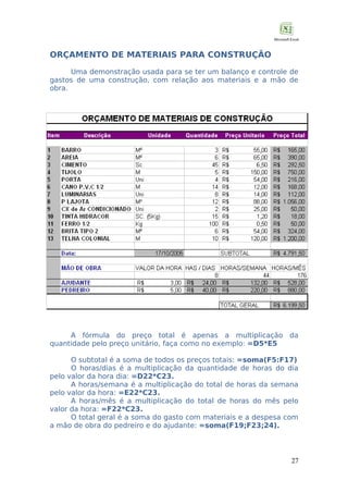 ORÇAMENTO DE MATERIAIS PARA CONSTRUÇÃO
Uma demonstração usada para se ter um balanço e controle de
gastos de uma construção, com relação aos materiais e a mão de
obra.

A fórmula do preço total é apenas a multiplicação da
quantidade pelo preço unitário, faça como no exemplo: =D5*E5
O subtotal é a soma de todos os preços totais: =soma(F5:F17)
O horas/dias é a multiplicação da quantidade de horas do dia
pelo valor da hora dia: =D22*C23.
A horas/semana é a multiplicação do total de horas da semana
pelo valor da hora: =E22*C23.
A horas/mês é a multiplicação do total de horas do mês pelo
valor da hora: =F22*C23.
O total geral é a soma do gasto com materiais e a despesa com
a mão de obra do pedreiro e do ajudante: =soma(F19;F23;24).

27

 