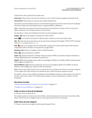 Última atualização em 28/4/2010                                                             USO DO DREAMWEAVER CS5 112
                                                                                    Gerenciamento de ativos e bibliotecas



O painel Ativos oferece duas formas de exibir ativos:
Lista de sites Mostra todos os ativos do site, inclusive as cores e os URLs usados em qualquer documento do site.

Lista Favoritos Mostra apenas os ativos que você escolheu explicitamente.

Para alternar essas duas exibições, selecione um dos botões de opção Site ou Favoritos acima da área de visualização.
(Essas duas exibições não estão disponíveis para as categorias Modelos e Biblioteca.)
Nota: Grande parte das operações do painel Ativos funciona da mesma forma em ambas as listas. No entanto, há
algumas tarefas que você só consegue executar na lista Favoritos.
Nas duas listas, os ativos são classificados de acordo com uma das seguintes categorias:
Imagens       Arquivos de imagem nos formatos GIF, JPEG ou PNG.
Cores       Cores usadas em documentos e folhas de estilos, inclusive cores de textos, fundos e links.
URLs      Links externos nos documentos do site atual, inclusive links para FTP, gopher, HTTP, HTTPS, JavaScript,
email (mailto) e arquivo local (file://).
Flash   Arquivos em qualquer versão do Adobe Flash. O painel Ativos exibe somente arquivos SWF (arquivos
compactados criados com Flash) e não arquivos FLA (origem Flash).
Shockwave        Arquivos em qualquer versão do Adobe Shockwave.
Filmes      Arquivos QuickTime ou MPEG.
Scripts     Arquivos JavaScript ou VBScript. Scripts em arquivos HTML (ao contrário de arquivos JavaScript ou
VBScript independentes) não são exibidos no painel Ativos.
Modelos       Layouts de página mestre usados em várias páginas. Modificar um modelo modifica automaticamente
todas as páginas vinculadas a ele.
Itens de biblioteca      Elementos de design que você usa em várias páginas; quando você modifica um item de
biblioteca, todas as páginas que contêm esse item são atualizadas.
Nota: Para que seja exibido no painel Ativos, um arquivo deve estar classificado de acordo com uma dessas categorias.
Às vezes, alguns outros tipos de arquivo são chamados de ativos, embora não sejam mostrados no painel.
Por padrão, os ativos em uma categoria são listados em ordem alfabética pelo nome, embora seja possível ordená-los
por tipo e vários outros critérios. Você também pode visualizar os ativos e redimensionar as colunas e a área de
visualização.


Mais tópicos da Ajuda
“Criação e gerenciamento de uma lista dos ativos favoritos” na página 116
“Trabalho com itens de biblioteca” na página 118

Exibir um ativo na área de visualização
❖ Selecione o ativo no painel Ativos.

Por exemplo, quando você seleciona um ativo de filme, a área de visualização mostra um ícone. Para exibir o filme,
clique no botão Executar (o triângulo verde) no canto superior direito da área de visualização.

Exibir ativos de uma categoria
❖ Clique no ícone de uma categoria no lado esquerdo do painel Ativos.
 