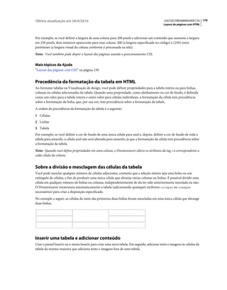 Última atualização em 28/4/2010                                                             USO DO DREAMWEAVER CS5 176
                                                                                            Layout de páginas com HTML



Por exemplo, se você definir a largura de uma coluna para 200 pixels e adicionar um conteúdo que aumente a largura
em 250 pixels, dois números aparecerão para essa coluna: 200 (a largura especificada no código) e (250) entre
parênteses (a largura visual da coluna conforme é processada na tela).
Nota: Você também pode dispor o layout das páginas usando o posicionamento CSS.


Mais tópicos da Ajuda
“Layout das páginas com CSS” na página 150


Precedência da formatação da tabela em HTML
Ao formatar tabelas na Visualização de design, você pode definir propriedades para a tabela inteira ou para linhas,
colunas ou células selecionadas da tabela. Quando uma propriedade, como alinhamento ou cor de fundo, é definida
como um valor para a tabela inteira e outro valor para células individuais, a formatação da célula tem precedência
sobre a formatação da linha, que, por sua vez, tem precedência sobre a formatação da tabela.
A ordem de precedência da formatação da tabela é a seguinte:
1 Células
2 Linhas
3 Tabela
Por exemplo, se você definir a cor de fundo de uma única célula para azul e, depois, definir a cor de fundo de toda a
tabela para amarelo, a célula azul não será alterada para amarelo, já que a formatação da célula tem precedência sobre
a formatação da tabela.
Nota: Quando você define propriedades em uma coluna, o Dreamweaver altera os atributos da tag td correspondente a
cada célula da coluna.


Sobre a divisão e mesclagem das células da tabela
Você pode mesclar qualquer número de células adjacentes, contanto que a seleção inteira seja uma linha ou um
retângulo de células, a fim de produzir uma única célula que abranja várias colunas ou linhas. É possível dividir uma
célula em qualquer número de linhas ou colunas, independentemente de ela ter sido anteriormente mesclada ou não.
O Dreamweaver reestrutura automaticamente a tabela (adicionando quaisquer atributos colspan ou rowspan
necessários) para criar a disposição especificada.
No exemplo a seguir, as células do meio das primeiras duas linhas foram mescladas em uma única célula que abrange
duas linhas.




Inserir uma tabela e adicionar conteúdo
Usar o painel Inserir ou o menu Inserir para criar uma nova tabela. Em seguida, adicione texto e imagens às células da
tabela da mesma maneira que adiciona texto e imagens fora de uma tabela.
 