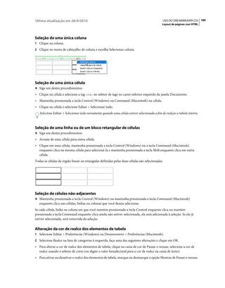 Última atualização em 28/4/2010                                                              USO DO DREAMWEAVER CS5 180
                                                                                             Layout de páginas com HTML




Seleção de uma única coluna
1 Clique na coluna.
2 Clique no menu de cabeçalho de coluna e escolha Selecionar coluna.




Seleção de uma única célula
❖ Siga um destes procedimentos:

• Clique na célula e selecione a tag <td> no seletor de tags no canto inferior esquerdo da janela Documento.
• Mantenha pressionada a tecla Control (Windows) ou Command (Macintosh) na célula.
• Clique na célula e selecione Editar > Selecionar tudo.
   Selecione Editar > Selecionar tudo novamente quando uma célula estiver selecionada a fim de realçar a tabela inteira.



Seleção de uma linha ou de um bloco retangular de células
❖ Siga um destes procedimentos:

• Arraste de uma célula para outra célula.
• Clique em uma célula, mantenha pressionada a tecla Control (Windows) ou a tecla Command (Macintosh)
  enquanto clica na mesma célula para selecioná-la e mantenha pressionada a tecla Shift enquanto clica em outra
  célula.
Todas as células da região linear ou retangular definidas pelas duas células são selecionadas.




Seleção de células não-adjacentes
❖ Mantenha pressionada a tecla Control (Windows) ou mantenha pressionada a tecla Command (Macintosh)
   enquanto clica nas células, linhas ou colunas que você deseja selecionar.
Se cada célula, linha ou coluna em que você mantém pressionada a tecla Control enquanto clica ou mantém
pressionada a tecla Command enquanto clica ainda não estiver selecionada, ela será adicionada à seleção. Se ela já
estiver selecionada, será removida da seleção.

Alteração da cor de realce dos elementos de tabela
1 Selecione Editar > Preferências (Windows) ou Dreamweaver > Preferências (Macintosh).
2 Selecione Realce na lista de categorias à esquerda, faça uma das seguintes alterações e clique em OK.
• Para alterar a cor de realce dos elementos de tabela, clique na caixa de cor de Passar o mouse, selecione a cor de
  realce usando o seletor de cores (ou digite o valor hexadecimal para a cor de realce na caixa de texto).
• Para ativar ou desativar o realce dos elementos de tabela, marque ou desmarque a opção Mostrar de Passar o mouse.
 