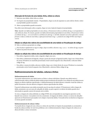 Última atualização em 28/4/2010                                                              USO DO DREAMWEAVER CS5 184
                                                                                             Layout de páginas com HTML




Alteração do formato de uma tabela, linha, célula ou coluna
1 Selecione uma tabela, célula, linha ou coluna.
2 No Inspetor de propriedades (Janela > Propriedades), clique na seta de expansão no canto inferior direito e altere
   as propriedades quando necessário.
3 Altere as propriedades quando necessário.
Para obter mais informações sobre as opções, clique no ícone Ajuda do Inspetor de propriedades.
Nota: Quando você define propriedades em uma coluna, o Dreamweaver altera os atributos da tag td correspondente a
cada célula da coluna. No entanto, quando você define determinadas propriedades de uma linha, o Dreamweaver altera
os atributos da tag tr em vez de alterar os atributos de cada tag td da linha. Quando você estiver aplicando o mesmo
formato a todas as células de uma linha, a aplicação do formato à tag tr produzirá um código HTML mais limpo e
conciso.

Adição ou edição dos valores de acessibilidade de uma tabela na Visualização de código
❖ Edite os atributos apropriados no código.

   Para localizar rapidamente as tags no código, clique na tabela, selecione a tag <table> no seletor de tags, na parte
   inferior da janela Documento.

Adição ou edição dos valores de acessibilidade de uma tabela na Visualização de design
• Para editar a legenda da tabela, realce a legenda e digite uma nova.
• Para editar o alinhamento da legenda, coloque o ponto de inserção na legenda da tabela, clique com o botão direito
  do mouse (Windows) ou mantenha pressionada a tecla Control enquanto clica (Macintosh) e selecione Editar
  código de tag.
• Para editar o resumo da tabela, selecione a tabela, clique com o botão direito do mouse (Windows) ou mantenha
  pressionada a tecla Control enquanto clica (Macintosh) e selecione Editar código de tag.


Redimensionamento de tabelas, colunas e linhas

Redimensionamento de tabelas
Você pode redimensionar uma tabela inteira ou linhas e colunas individuais. Quando uma tabela inteira é
redimensionada, todas as células da tabela mudam proporcionalmente de tamanho. Se as células de uma tabela tiverem
larguras ou alturas explícitas especificadas, o redimensionamento da tabela alterará o tamanho visual das células na
janela Documento, mas não alterará as larguras e alturas especificadas das células.
É possível redimensionar uma tabela arrastando uma de suas alças de seleção. O Dreamweaver exibe a largura da
tabela, juntamente com um menu de cabeçalho de tabela, na parte superior ou inferior da tabela quando esta é
selecionada ou quando o ponto de inserção está na tabela.
Às vezes, as larguras de coluna definidas no código HTML não correspondem às suas larguras aparentes na tela.
Quando isso acontecer, você poderá torná-las consistentes. As larguras de tabela e coluna e os menus de cabeçalho
aparecem no Dreamweaver para ajudar você a dispor o layout das tabelas. Você pode ativar ou desativar as larguras e
os menus quando necessário.

Redimensionamento de colunas e linhas
Você pode alterar a largura de uma coluna ou a altura de uma linha no Inspetor de propriedades ou arrastando as
bordas da coluna ou linha. Se você tiver problemas com o redimensionamento, limpe as larguras de coluna ou as
alturas de linha e comece novamente.
 