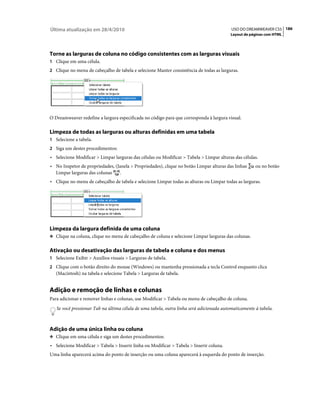 Última atualização em 28/4/2010                                                           USO DO DREAMWEAVER CS5 186
                                                                                         Layout de páginas com HTML




Torne as larguras de coluna no código consistentes com as larguras visuais
1 Clique em uma célula.
2 Clique no menu de cabeçalho de tabela e selecione Manter consistência de todas as larguras.




O Dreamweaver redefine a largura especificada no código para que corresponda à largura visual.

Limpeza de todas as larguras ou alturas definidas em uma tabela
1 Selecione a tabela.
2 Siga um destes procedimentos:
• Selecione Modificar > Limpar larguras das células ou Modificar > Tabela > Limpar alturas das células.
• No Inspetor de propriedades, (Janela > Propriedades), clique no botão Limpar alturas das linhas     ou no botão
  Limpar larguras das colunas    .
• Clique no menu de cabeçalho de tabela e selecione Limpar todas as alturas ou Limpar todas as larguras.




Limpeza da largura definida de uma coluna
❖ Clique na coluna, clique no menu de cabeçalho de coluna e selecione Limpar larguras das colunas.


Ativação ou desativação das larguras de tabela e coluna e dos menus
1 Selecione Exibir > Auxílios visuais > Larguras de tabela.
2 Clique com o botão direito do mouse (Windows) ou mantenha pressionada a tecla Control enquanto clica
   (Macintosh) na tabela e selecione Tabela > Larguras de tabela.


Adição e remoção de linhas e colunas
Para adicionar e remover linhas e colunas, use Modificar > Tabela ou menu de cabeçalho de coluna.
   Se você pressionar Tab na última célula de uma tabela, outra linha será adicionada automaticamente à tabela.



Adição de uma única linha ou coluna
❖ Clique em uma célula e siga um destes procedimentos:

• Selecione Modificar > Tabela > Inserir linha ou Modificar > Tabela > Inserir coluna.
Uma linha aparecerá acima do ponto de inserção ou uma coluna aparecerá à esquerda do ponto de inserção.
 