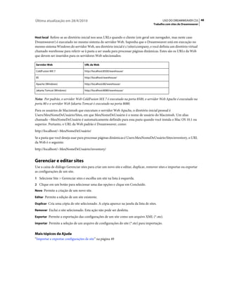Última atualização em 28/4/2010                                                              USO DO DREAMWEAVER CS5 48
                                                                                      Trabalho com sites do Dreamweaver



Host local Refere-se ao diretório inicial nos seus URLs quando o cliente (em geral um navegador, mas neste caso
Dreamweaver) é executado no mesmo sistema do servidor Web. Suponha que o Dreamweaver está em execução no
mesmo sistema Windows do servidor Web, seu diretório inicial é c:sitescompany, e você definiu um diretório virtual
chamado warehouse para referir-se à pasta a ser usada para processar páginas dinâmicas. Estes são os URLs da Web
que devem ser inseridos para os servidores Web selecionados:

Servidor Web                        URL da Web

ColdFusion MX 7                     http://localhost:8500/warehouse/

IIS                                 http://localhost/warehouse/

Apache (Windows)                    http://localhost:80/warehouse/

Jakarta Tomcat (Windows)            http://localhost:8080/warehouse/


Nota: Por padrão, o servidor Web ColdFusion MX 7 é executado na porta 8500, o servidor Web Apache é executado na
porta 80 e o servidor Web Jakarta Tomcat é executado na porta 8080.
Para os usuários de Macintosh que executam o servidor Web Apache, o diretório inicial pessoal é
Users/MeuNomeDeUsuário/Sites, em que MeuNomeDeUsuário é o nome de usuário do Macintosh. Um alias
chamado ~MeuNomeDeUsuário é automaticamente definido para essa pasta quando você instala o Mac OS 10.1 ou
superior. Portanto, o URL da Web padrão é Dreamweaver, como:
http://localhost/~MeuNomeDeUsuário/
Se a pasta que você deseja usar para processar páginas dinâmicas é Users:MeuNomeDeUsuário:Sites:inventory, o URL
da Web é o seguinte:
http://localhost/~MeuNomeDeUsuário/inventory/


Gerenciar e editar sites
Use a caixa de diálogo Gerenciar sites para criar um novo site e editar, duplicar, remover sites e importar ou exportar
as configurações de um site.
1 Selecione Site > Gerenciar sites e escolha um site na lista à esquerda.
2 Clique em um botão para selecionar uma das opções e clique em Concluído.
Novo Permite a criação de um novo site.

Editar Permite a edição de um site existente.

Duplicar Cria uma cópia do site selecionado. A cópia aparece na janela da lista de sites.

Remover Exclui o site selecionado. Esta ação não pode ser desfeita.

Exportar Permite a exportação das configurações de um site como um arquivo XML (*.ste).

Importar Permite a seleção de um arquivo de configurações do site (*.ste) para importação.


Mais tópicos da Ajuda
“Importar e exportar configurações de site” na página 49
 
