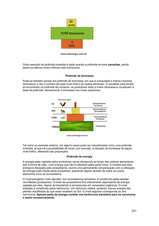 203
Outro exemplo de pirâmide invertida é dada quando a pirâmide envolve parasitas, sendo
assim os últimos níveis tróficos mais numerosos.
Pirâmide de biomassa
Pode-se também pensar em pirâmide de biomassa, em que é computada a massa corpórea
(biomassa) e não o número de cada nível trófico da cadeia alimentar. O resultado será similar
ao encontrado na pirâmide de números: os produtores terão a maior biomassa e constituem a
base da pirâmide, decrescendo a biomassa nos níveis superiores.
Tal como no exemplo anterior, em alguns casos pode ser caracterizada como uma pirâmide
invertida, já que há a possibilidade de haver, por exemplo, a redução da biomassa de algum
nível trófico, alterando tais proporções.
Pirâmide de energia
A energia solar captada pelos produtores vai-se dissipando ao longo das cadeias alimentares
sob a forma de calor, uma energia que não é utilizável pelos seres vivos. À medida que esta
energia é dissipada pelo ecossistema, ocorre uma permanente compensação com a utilização
de energia solar fixada pelos produtores, passando depois através de todos os outros
elementos vivos do ecossistema.
O nível energético mais elevado, nos ecossistemas terrestres, é constituído pelas plantas
clorofiladas (produtores). O resto do ecossistema fica inteiramente dependente da energia
captada por eles, depois de transferido e armazenada em compostos orgânicos. O nível
imediato é constituído pelos herbívoros. Um herbívoro obterá, portanto, menos energia das
plantas clorofiladas do que estas recebem do Sol. O nível seguinte corresponde ao dos
carnívoros. Apenas parte da energia contida nos herbívoros transitará para os carnívoros
e assim sucessivamente.
 