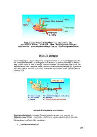 205
Produtividade Primária Bruta (PPB) = Taxa fotossintética total
Produtividade Primária Líquida (PPL) = PPB - Respiração dos autótrofos
Produtividade Líquida da comunidade (PLC) = PPL - Consumo por herbívoros
Eficiência Ecológica
Eficiência ecológica é a porcentagem de energia transferida de um nível trófico para o outro,
em uma cadeia alimentar. De modo geral, essa eficiência é, aproximadamente, de apenas
10%, ou seja, cerca de 90% da energia total disponível em um determinado nível trófico não
são transferidos para a seguinte, sendo consumidos na atividade metabólica dos organismos
do próprio nível ou perdidos como restos. Em certas comunidades, porém a eficiência pode
chegar a 20%.
A grande diversidade de ecossistemas
Ecossistemas naturais - bosques, florestas, desertos, prados, rios, oceanos, etc.
Ecossistemas artificiais - construídos pelo Homem: açudes, aquários, plantações, etc.
Atendendo ao meio físico, há a considerar:
 Ecossistemas terrestres
 