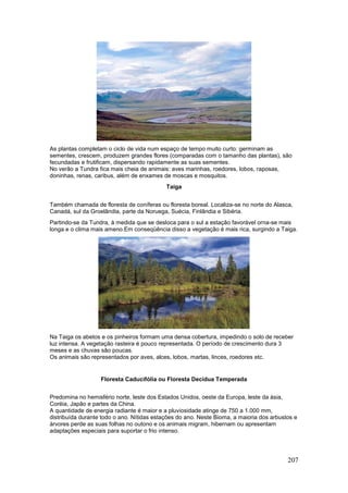 207
As plantas completam o ciclo de vida num espaço de tempo muito curto: germinam as
sementes, crescem, produzem grandes flores (comparadas com o tamanho das plantas), são
fecundadas e frutificam, dispersando rapidamente as suas sementes.
No verão a Tundra fica mais cheia de animais: aves marinhas, roedores, lobos, raposas,
doninhas, renas, caribus, além de enxames de moscas e mosquitos.
Taiga
Também chamada de floresta de coníferas ou floresta boreal. Localiza-se no norte do Alasca,
Canadá, sul da Groelândia, parte da Noruega, Suécia, Finlândia e Sibéria.
Partindo-se da Tundra, à medida que se desloca para o sul a estação favorável orna-se mais
longa e o clima mais ameno.Em conseqüência disso a vegetação é mais rica, surgindo a Taiga.
Na Taiga os abetos e os pinheiros formam uma densa cobertura, impedindo o solo de receber
luz intensa. A vegetação rasteira é pouco representada. O período de crescimento dura 3
meses e as chuvas são poucas.
Os animais são representados por aves, alces, lobos, martas, linces, roedores etc.
Floresta Caducifólia ou Floresta Decídua Temperada
Predomina no hemisfério norte, leste dos Estados Unidos, oeste da Europa, leste da àsia,
Coréia, Japão e partes da China.
A quantidade de energia radiante é maior e a pluviosidade atinge de 750 a 1.000 mm,
distribuída durante todo o ano. Nítidas estações do ano. Neste Bioma, a maioria dos arbustos e
árvores perde as suas folhas no outono e os animais migram, hibernam ou apresentam
adaptações especiais para suportar o frio intenso.
 