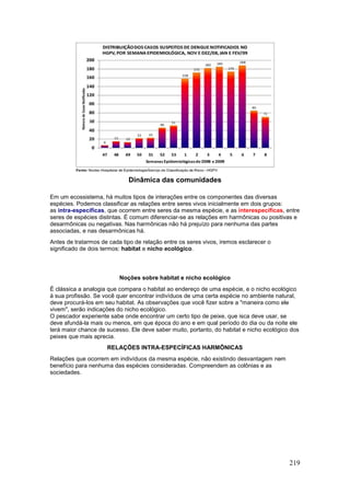 219
Dinâmica das comunidades
Em um ecossistema, há muitos tipos de interações entre os componentes das diversas
espécies. Podemos classificar as relações entre seres vivos inicialmente em dois grupos:
as intra-específicas, que ocorrem entre seres da mesma espécie, e as interespecíficas, entre
seres de espécies distintas. É comum diferenciar-se as relações em harmônicas ou positivas e
desarmônicas ou negativas. Nas harmônicas não há prejuízo para nenhuma das partes
associadas, e nas desarmônicas há.
Antes de tratarmos de cada tipo de relação entre os seres vivos, iremos esclarecer o
significado de dois termos: habitat e nicho ecológico.
Noções sobre habitat e nicho ecológico
É clássica a analogia que compara o habitat ao endereço de uma espécie, e o nicho ecológico
à sua profissão. Se você quer encontrar indivíduos de uma certa espécie no ambiente natural,
deve procurá-los em seu habitat. As observações que você fizer sobre a "maneira como ele
vivem", serão indicações do nicho ecológico.
O pescador experiente sabe onde encontrar um certo tipo de peixe, que isca deve usar, se
deve afundá-la mais ou menos, em que época do ano e em qual período do dia ou da noite ele
terá maior chance de sucesso. Ele deve saber muito, portanto, do habitat e nicho ecológico dos
peixes que mais aprecia.
RELAÇÕES INTRA-ESPECÍFICAS HARMÔNICAS
Relações que ocorrem em indivíduos da mesma espécie, não existindo desvantagem nem
benefício para nenhuma das espécies consideradas. Compreendem as colônias e as
sociedades.
 