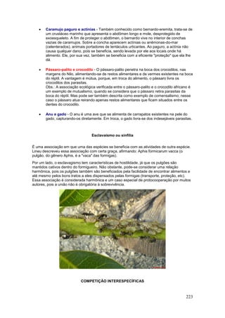 223
 Caramujo paguro e actínias - Também conhecido como bernardo-eremita, trata-se de
um crustáceo marinho que apresenta o abdômen longo e mole, desprotegido de
exoesqueleto. A fim de proteger o abdômen, o bernardo vive no interior de conchas
vazias de caramujos. Sobre a concha aparecem actínias ou anêmonas-do-mar
(celenterados), animais portadores de tentáculos urticantes. Ao paguro, a actínia não
causa qualquer dano, pois se beneficia, sendo levada por ele aos locais onde há
alimento. Ele, por sua vez, também se beneficia com a eficiente "proteção" que ela lhe
dá.
 Pássaro-palito e crocodilo - O pássaro-palito penetra na boca dos crocodilos, nas
margens do Nilo, alimentando-se de restos alimentares e de vermes existentes na boca
do réptil. A vantagem é mútua, porque, em troca do alimento, o pássaro livra os
crocodilos dos parasitas.
Obs.: A associação ecológica verificada entre o pássaro-palito e o crocodilo africano é
um exemplo de mutualismo, quando se considera que o pássaro retira parasitas da
boca do réptil. Mas pode ser também descrita como exemplo de comensalismo; nesse
caso o pássaro atua reirando apenas restos alimentares que ficam situados entre os
dentes do crocodilo.
 Anu e gado - O anu é uma ave que se alimenta de carrapatos existentes na pele do
gado, capturando-os diretamente. Em troca, o gado livra-se dos indesejáveis parasitas.
Esclavaismo ou sinfilia
É uma associação em que uma das espécies se beneficia com as atividades de outra espécie.
Lineu descreveu essa associação com certa graça, afirmando: Aphis formicarum vacca (o
pulgão, do gênero Aphis, é a "vaca" das formigas).
Por um lado, o esclavagismo tem características de hostilidade, já que os pulgões são
mantidos cativos dentro do formigueiro. Não obstante, pode-se considerar uma relação
harmônica, pois os pulgões também são beneficiados pela facilidade de encontrar alimentos e
até mesmo pelos bons tratos a eles dispensados pelas formigas (transporte, proteção, etc).
Essa associação é considerada harmônica e um caso especial de protocooperação por muitos
autores, pois a união não é obrigatória à sobrevivência.
COMPETIÇÃO INTERESPECÍFICAS
 